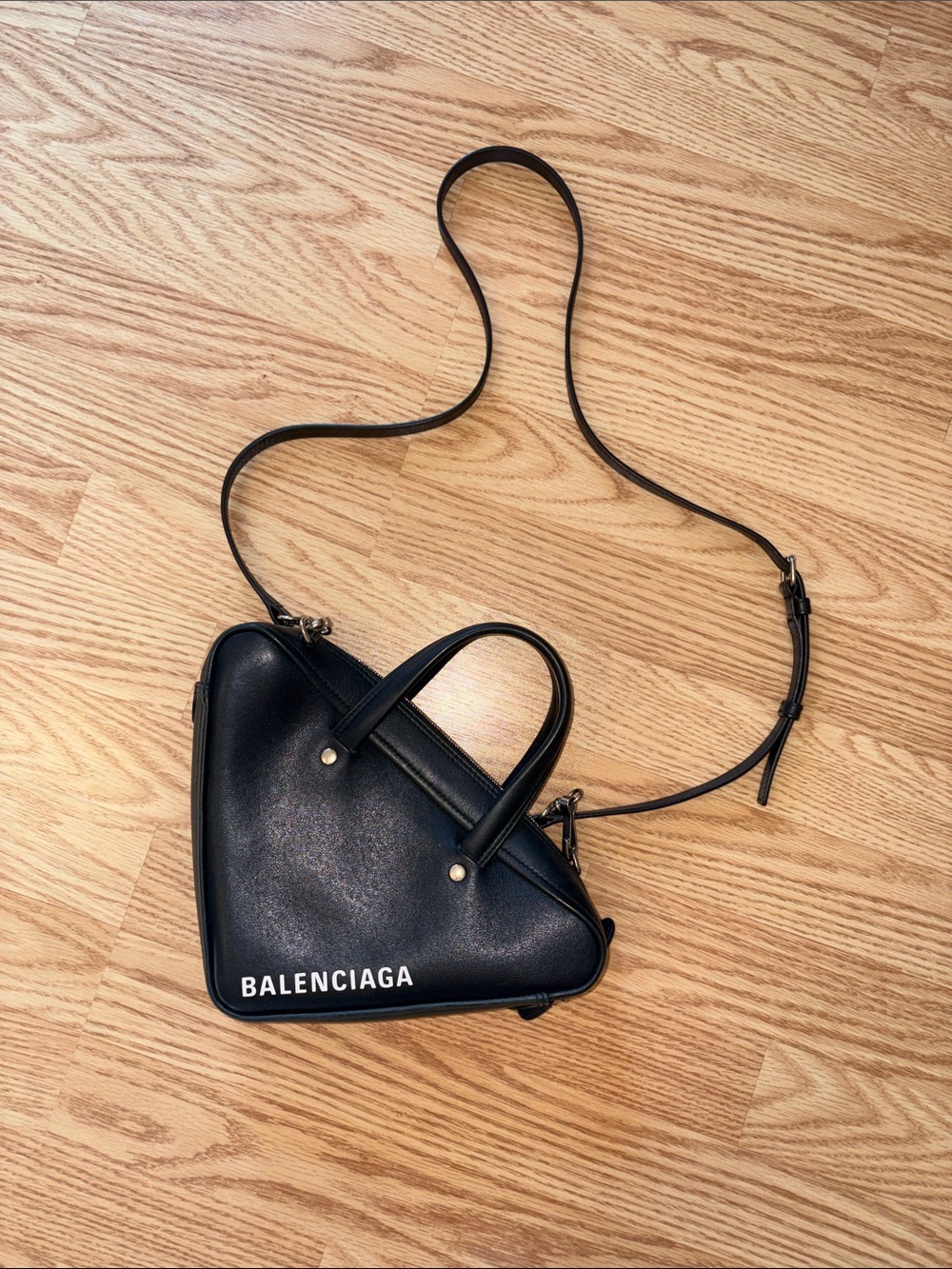 Balenciaga Black Leather Triangle Crossbody Bag with Top Handles